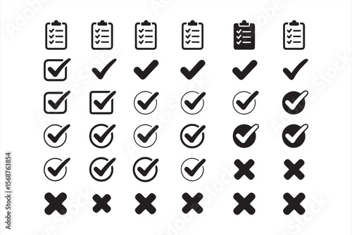  A collection of checkmark and cross icons in various styles, including checkboxes, circles, and clipboards, perfect for task lists, confirmations, and UI design projects.
