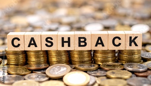 キャッシュバックを意味する英単語のchashbackの文字が書かれた木製のキューブブロックとお金。AIで生成	