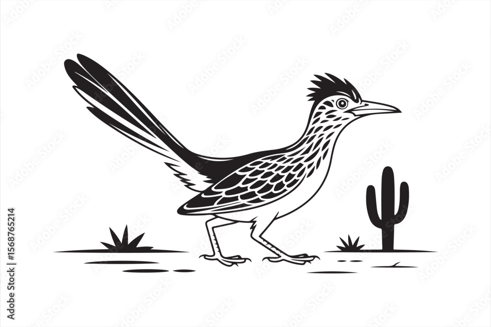 Naklejka premium Roadrunner Mid-Run – Black and White Minimalist Line Art
