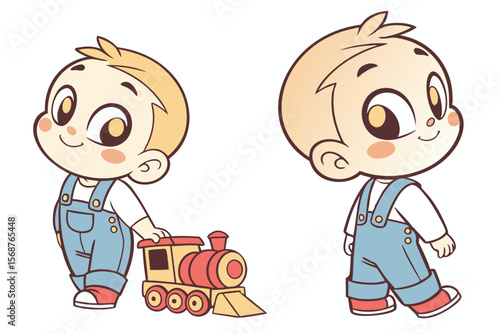 Vector cute Baby Boy cartoon character, with bright, alert eyes and a playful smirk, wearing a denim overall and playing with a toy train, in a classic, timeless style, isolated on white background