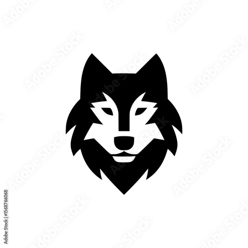Black and white icon of a wolf face with sharp eyes and defined cheek fur
