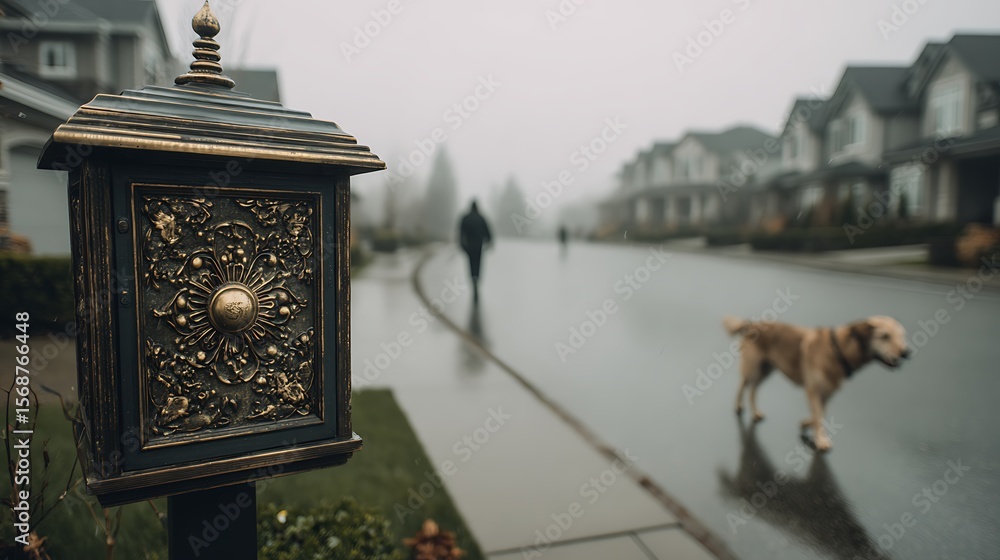 Obraz premium A lone dog walks down a misty suburban street with a person in the distance and an ornate lamppost in the foreground.