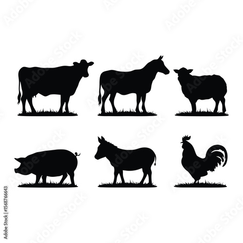 Six black silhouettes of farm animals, including a cow, horse, sheep, pig, donkey, and rooster. animals vector