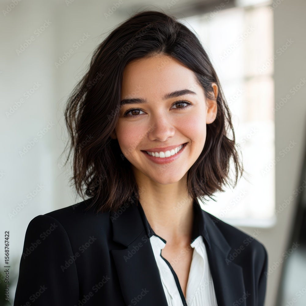 Smiling woman in a professional setting with natural lighting. Smiling woman in a professional setting with natural lighting.
