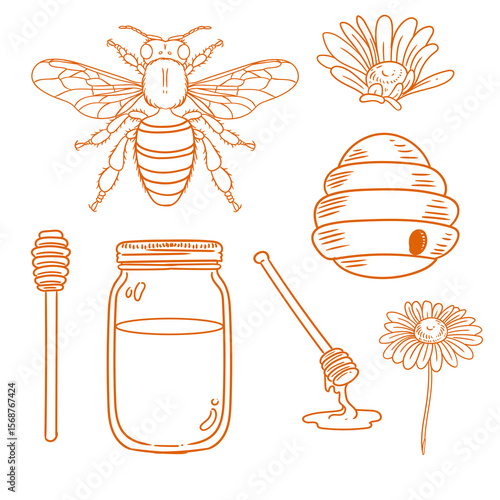 Set of original illustrations of honey bees and flowers, minimalist ink line drawings.