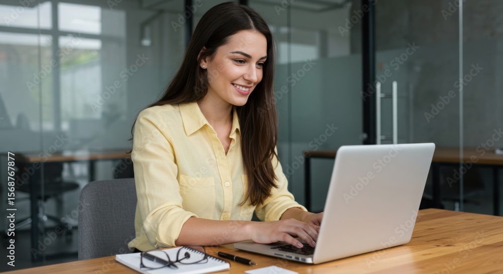Photo of woman working on laptop in modern office Photo of woman working on laptop in modern office