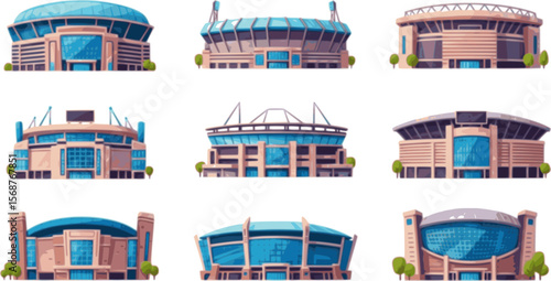 Sport stadium front view vector collection in cartoon style. City arena exterior illustration.
