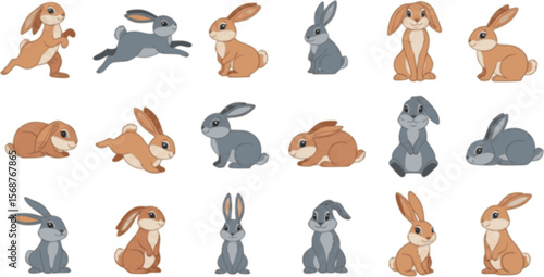 Vector set of cute rabbits in cartoon style. Bunny pet silhouette in different poses. Hare and rabbit colorful animals collection.
