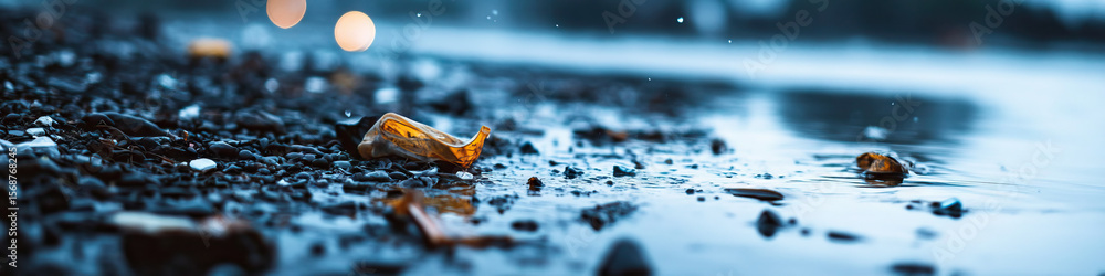 Obraz premium Amber Fragment on Wet Pebbles near Water