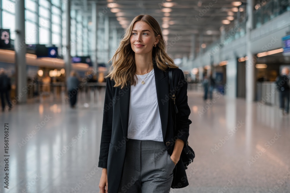 Fototapeta premium Confident woman walking through a modern airport terminal.