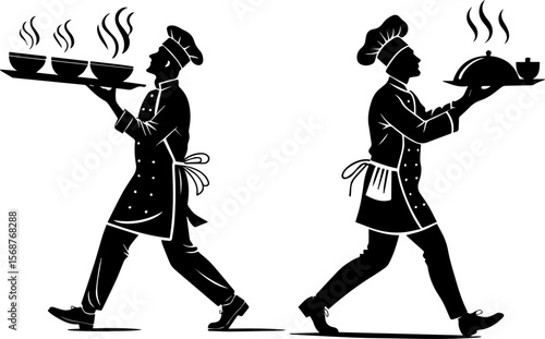 Silhouetted Chefs Serving Hot Dishes: Culinary Professionals in Motion