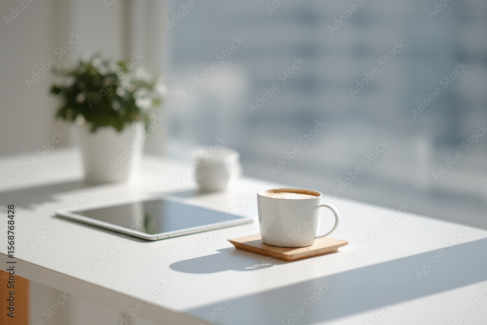 Cozy workspace featuring white coffee cup on wooden coaster, elegant tablet, and small potted plant, creating serene atmosphere Cozy workspace featuring white coffee cup on wooden coaster, elegant tablet, and small potted plant, creating serene atmosphere
