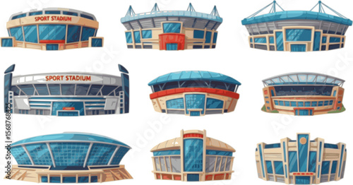 Sport stadium front view vector collection in cartoon style. City arena exterior illustration.
