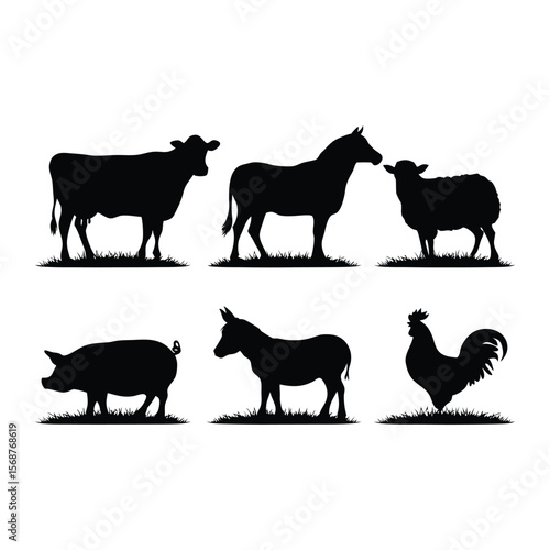 Six black silhouettes of farm animals, including a cow, horse, sheep, pig, donkey, and rooster. animals vector animal silhouette