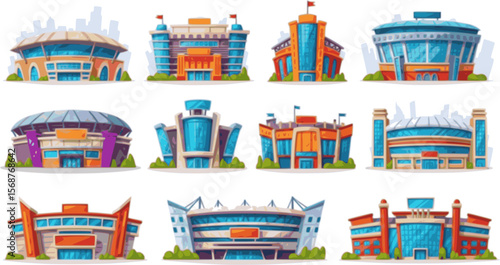 Sport stadium front view vector collection in cartoon style. City arena exterior illustration.
