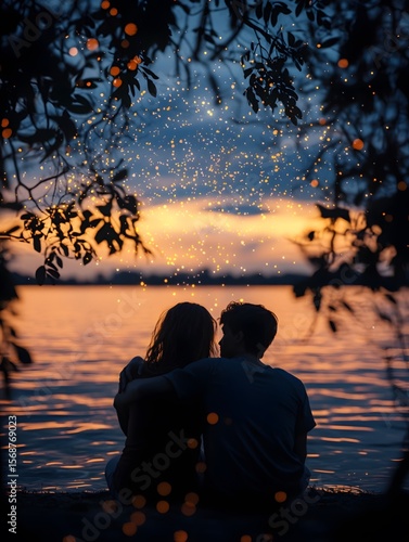 A couple cuddles by the seaside, watching the sunset as the lingering glow of the sun paints a romantic outline around them with specks of light