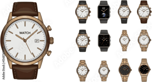 Classic men's and women's watches set of vector icons. Watch for businessman, smartwatch and fashion clocks collection.

