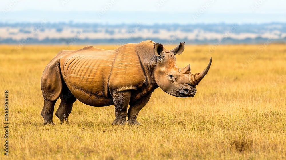 Fototapeta premium White rhinoceros in a golden savanna.