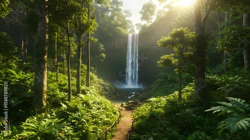 Waterfall in Lush Green Forest with Golden Sunlight and Dense Tropical Foliage Creates a Peaceful Landscape