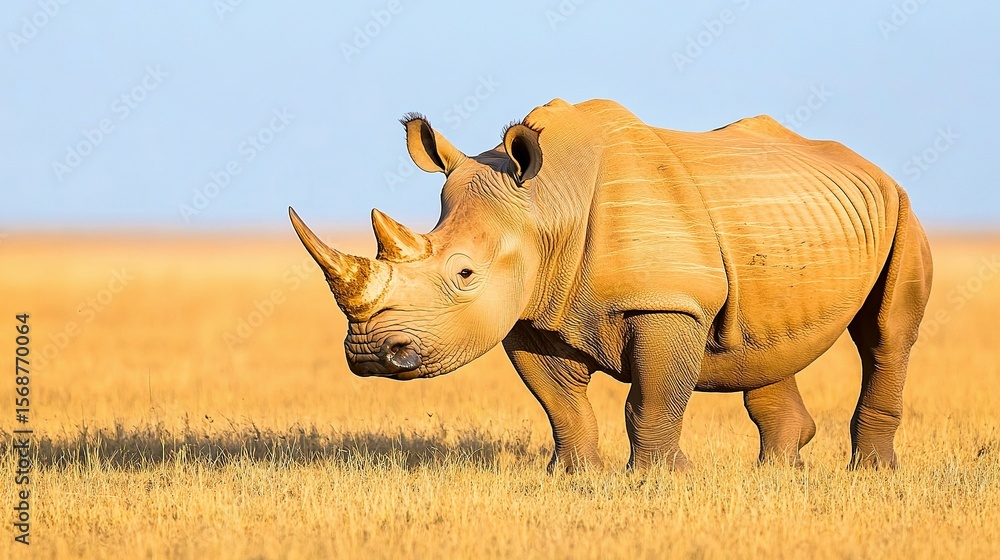 Fototapeta premium Majestic white rhinoceros in a golden savanna.