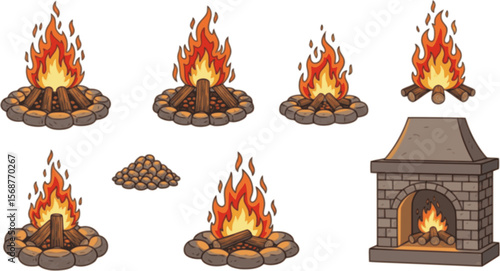 Campfire different types. Vector burning bonfire frames. Camping fire collection. Fireplace with fire coals or woodfire in cartoon style set. Vector illustration
