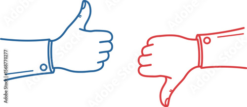 A thumbs up and thumbs down hand gesture in blue and red outlines