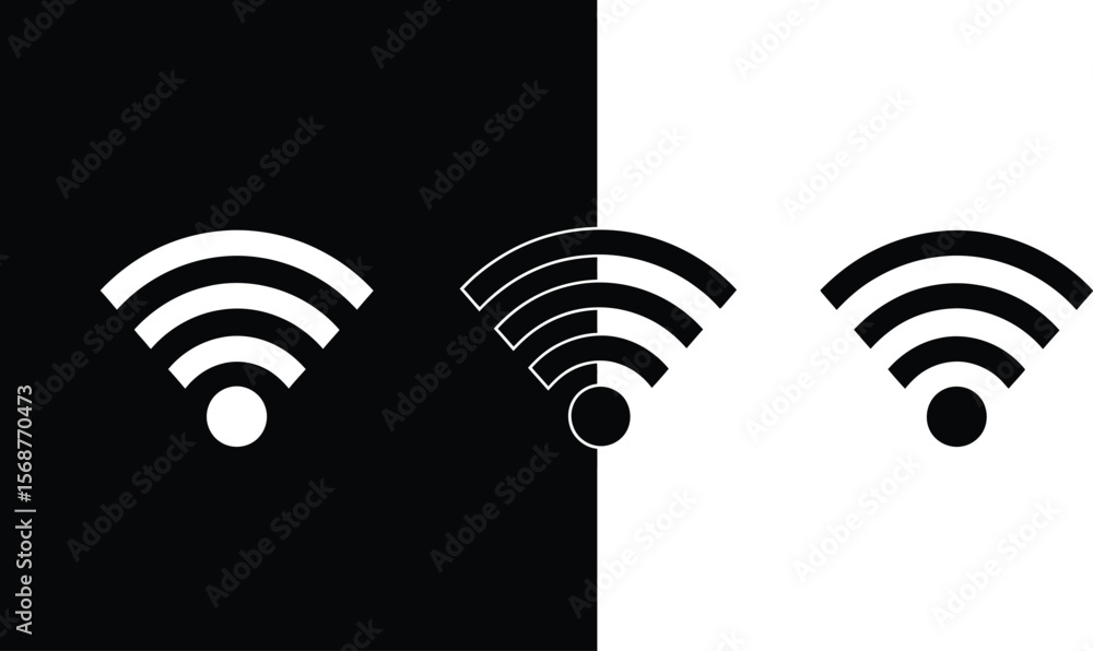 Three wifi symbols displayed in black and white divided background Three wifi symbols displayed in black and white divided background