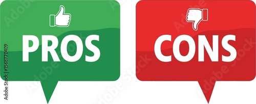 Pros and cons comparison with thumbs up and down in text bubbles