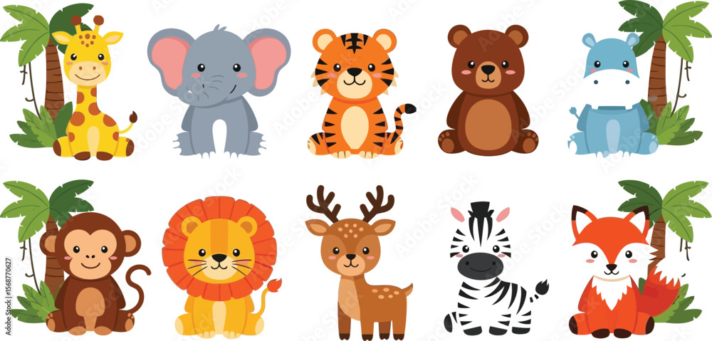 Obraz premium Cartoon jungle animals sitting together on a white background image
