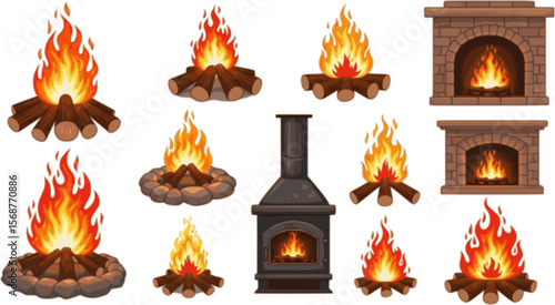 Campfire different types. Vector burning bonfire frames. Camping fire collection. Fireplace with fire coals or woodfire in cartoon style set. Vector illustration