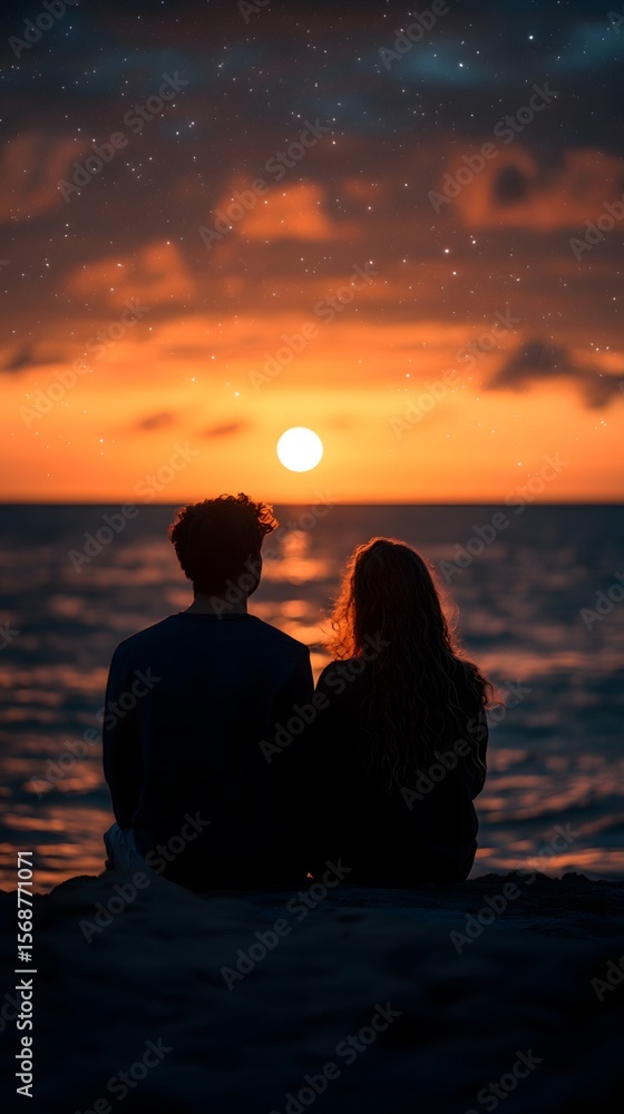 A couple cuddles by the seaside, watching the sunset as the lingering glow of the sun paints a romantic outline around them with specks of light A couple cuddles by the seaside, watching the sunset as the lingering glow of the sun paints a romantic outline around them with specks of light