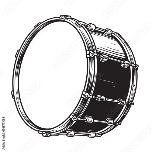 A detailed hand drawn vintage art illustration of a bass drum depicting music instruments