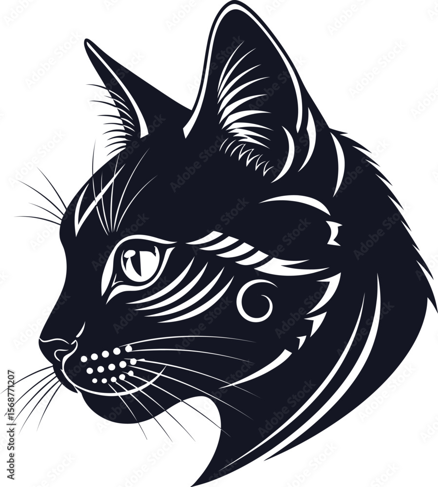 Obraz premium Illustration of a black cat head with white details on white background