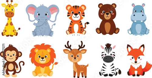 Cartoon animals arranged in two rows on a white background design