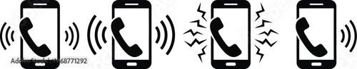 Four phone icons with ringing signals in a row on a white background