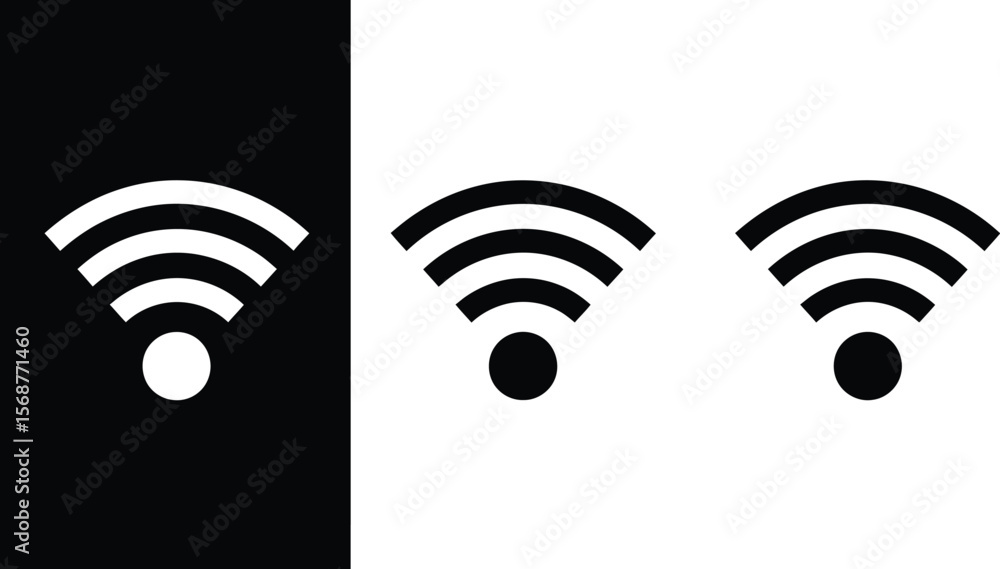 Three wifi icons in black and white showing wireless connectivity Three wifi icons in black and white showing wireless connectivity