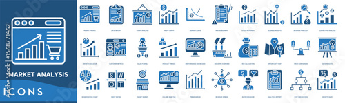Market Analysis Icon set. Market Trends, Data Report, Chart Analysis, Profit Graph, Demand Curve, Risk Assessment, Stock Movement, Business Insights and Revenue Forecast