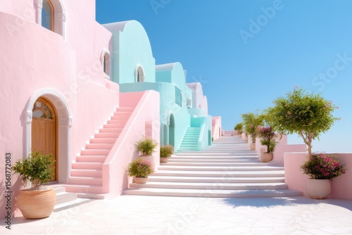 A pastel-colored Mediterranean street with staircases, arched doorways, potted plants, and clear blue skies.