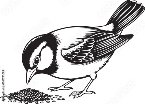 Fotografie Detailed black and white illustration of a small bird pecking at a pile of seeds