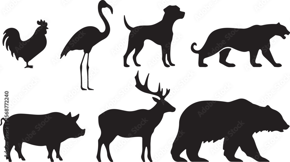 Fototapeta premium Collection of black animal silhouettes including a rooster flamingo dog tiger pig deer and bear