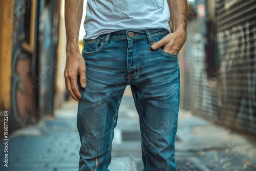 In the streets and alleys, a young man wearing jeans with a soft background showcases the personality and fashion sense of the pants