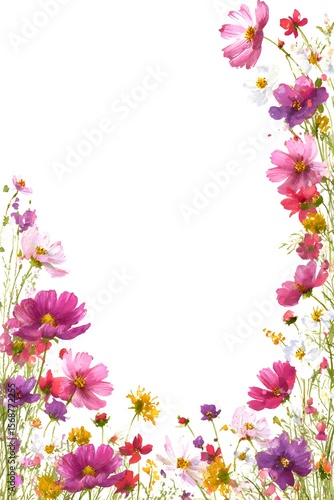 A floral border with pastel blue, yellow, and pink flowers like forget-me-nots, and green leaves on a white background