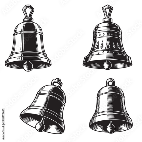 Collection of engraved vintage art bells in different perspectives