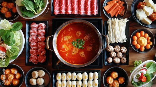 Wallpaper Mural Delicious Hot Pot Arrangement with Fresh Ingredients and Dipping Sauces Torontodigital.ca