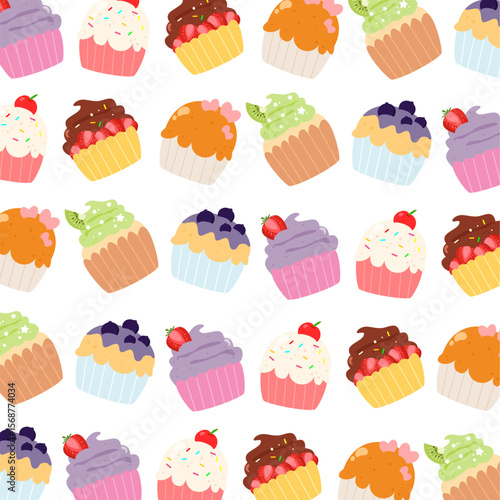 Various cupcake seamless pattern. Cupcake with many flavor cartoon. Can be used for wallpaper, paper wrapping, kid room decoration, fashion fabric 