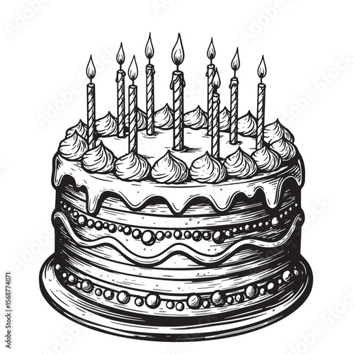 Elegant vintage art illustration of a delicious layered birthday cake adorned with lit candles