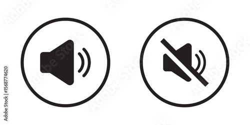 Volume icon set, Speaker volume and mute icon in circle outline. Simple sound volume and audio mute mark symbol design illustration. design eps 10
