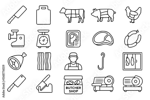 Butcher Shop Line Icons Set - Meat Processing Equipment and Tools Vector Collection