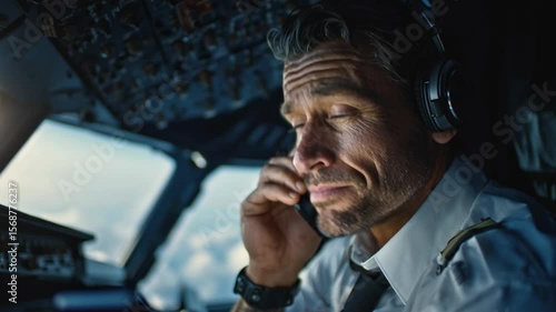 Serious handsome pilot in a cockpit talking on a radio headset during a flight.