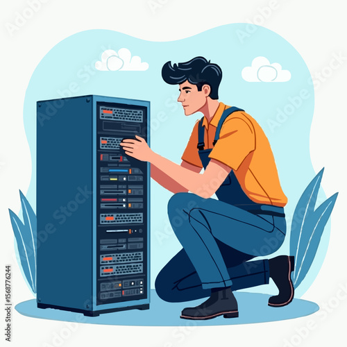 Skilled Technician Maintaining Server Rack in Data Center